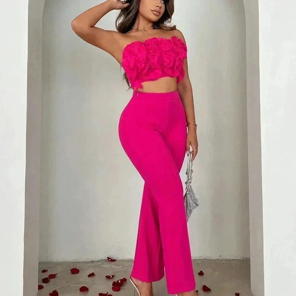 Pink Casual Womens Pleated Ruffle Strapless Red Pink Bandeau Top And Flare Pants - Picture 3 of 5